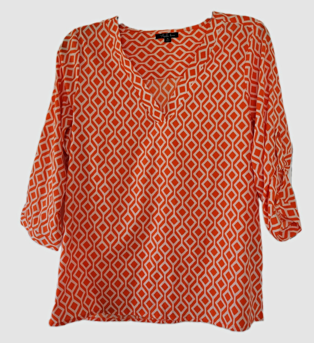 Antilia Femme XL Orange White Geometric Tunic Blouse Boho Resort Coastal Top